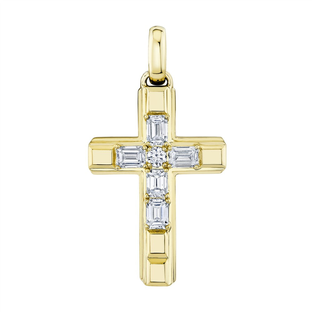 14K Yellow Gold Emerald-Cut Diamond Cross Pendant