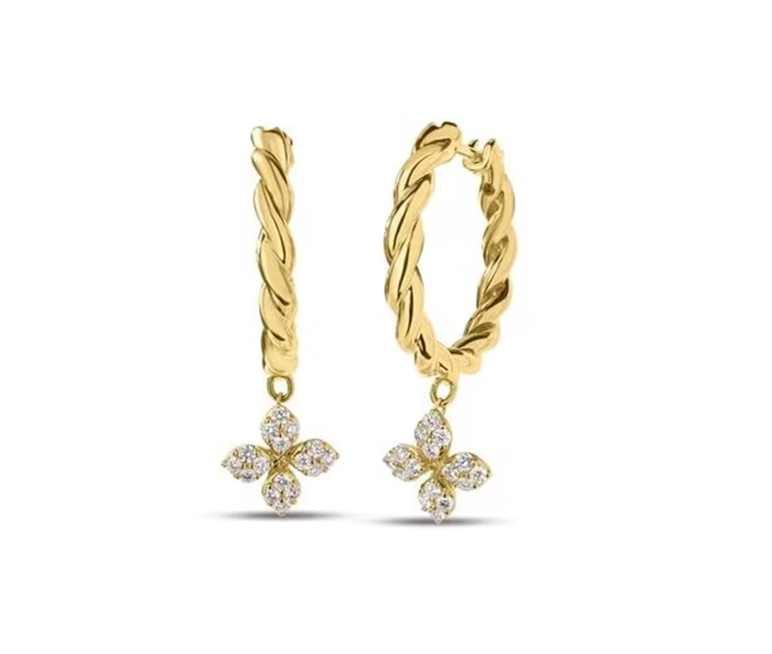 18kt Yellow Gold Love In Verona Diamond Drop Hoop Earrings
