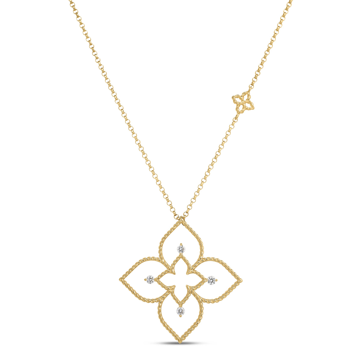 18K Yellow Gold Diamond Princess Flower Pendant Necklace