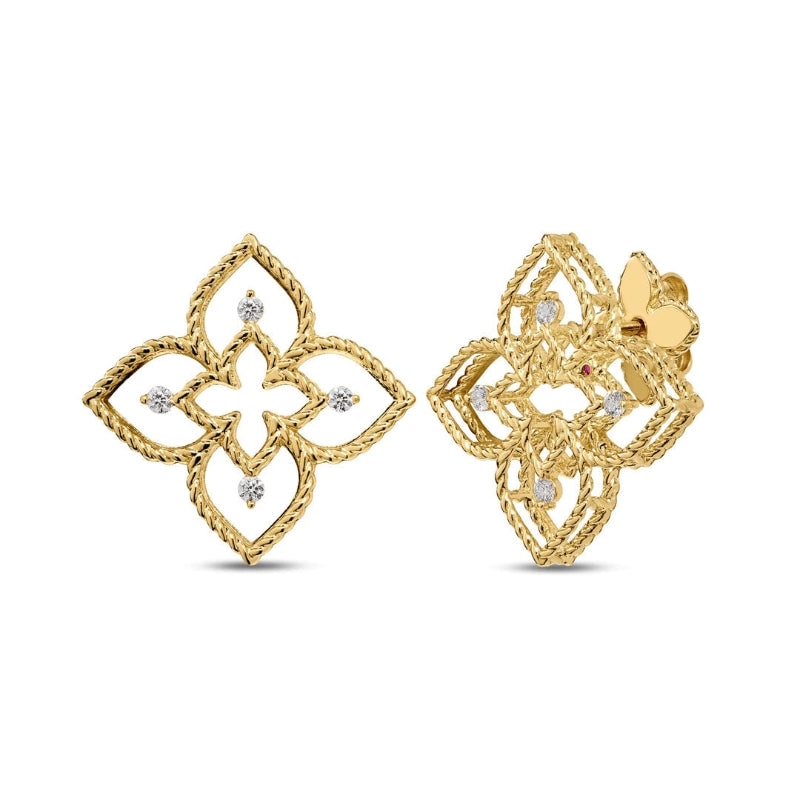 18k Yellow Gold Diamond Princess Flower Stud Earrings