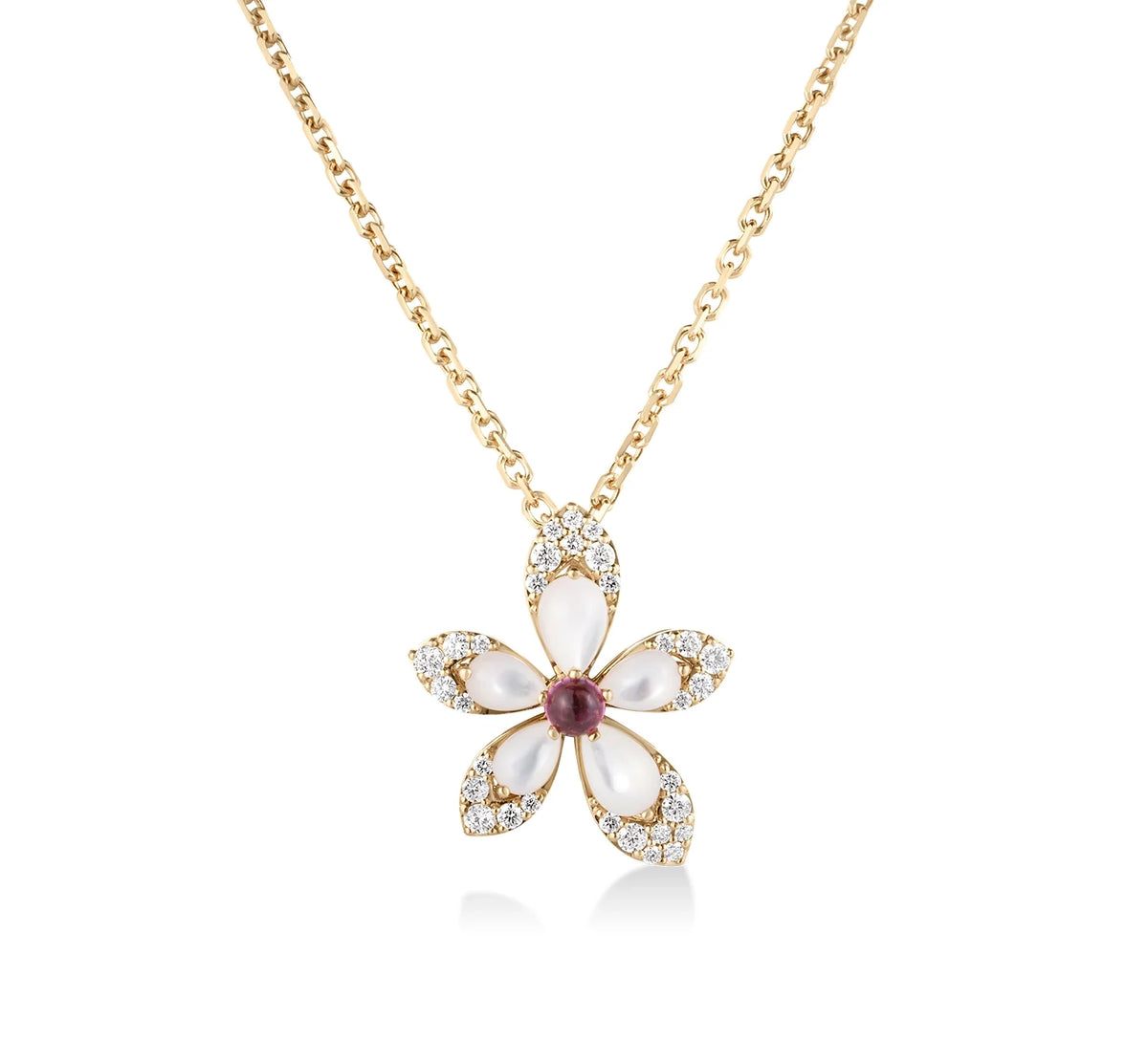 18K Yellow Gold Tiare Diamond/ MOP Rubellite Pendant Necklace
