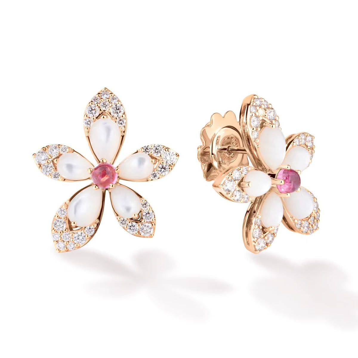 18k Yellow Gold Tiare Diamond Mother of Pearl & Rubellite Stud Earrings