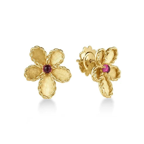 18k Yellow Gold Rubellite Jasmine Flower Stud Earrings