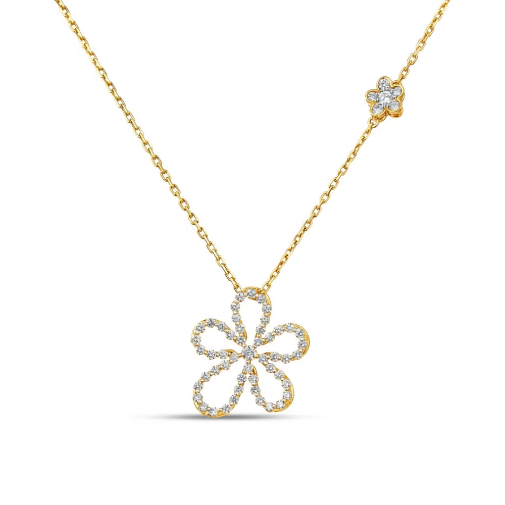 18K Yellow Gold Diamond Jasmine Flower Pendant Necklace