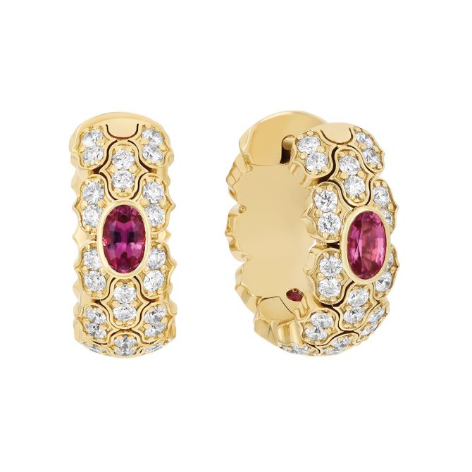 18kt Yellow Gold Diamond Rubellite Cobra Hoop Earrings