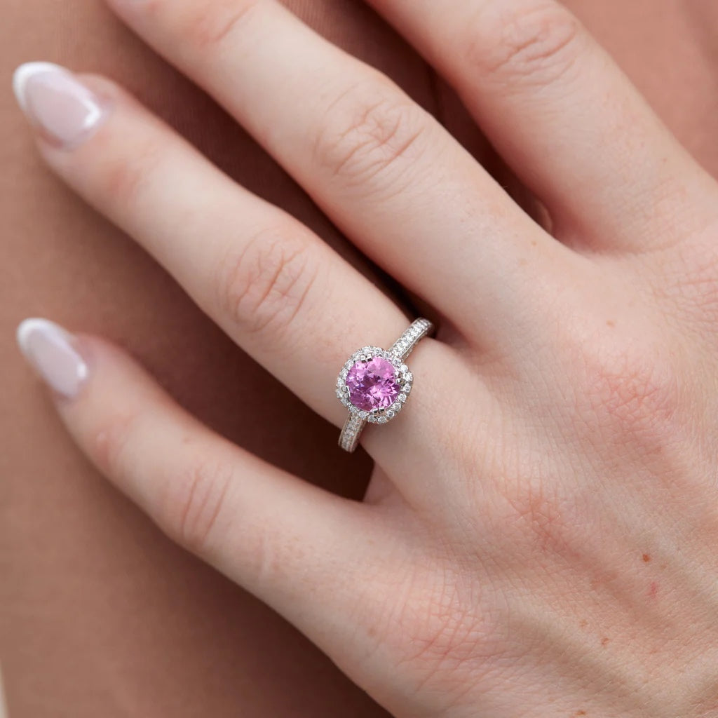 Intense Pink Sapphire Pave Diamond Platinum Ring - Alternate View 2