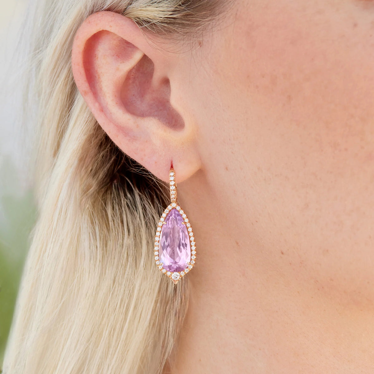 Kunzite Rose Gold Diamond Pave Drop Earrings - Alternate View 2