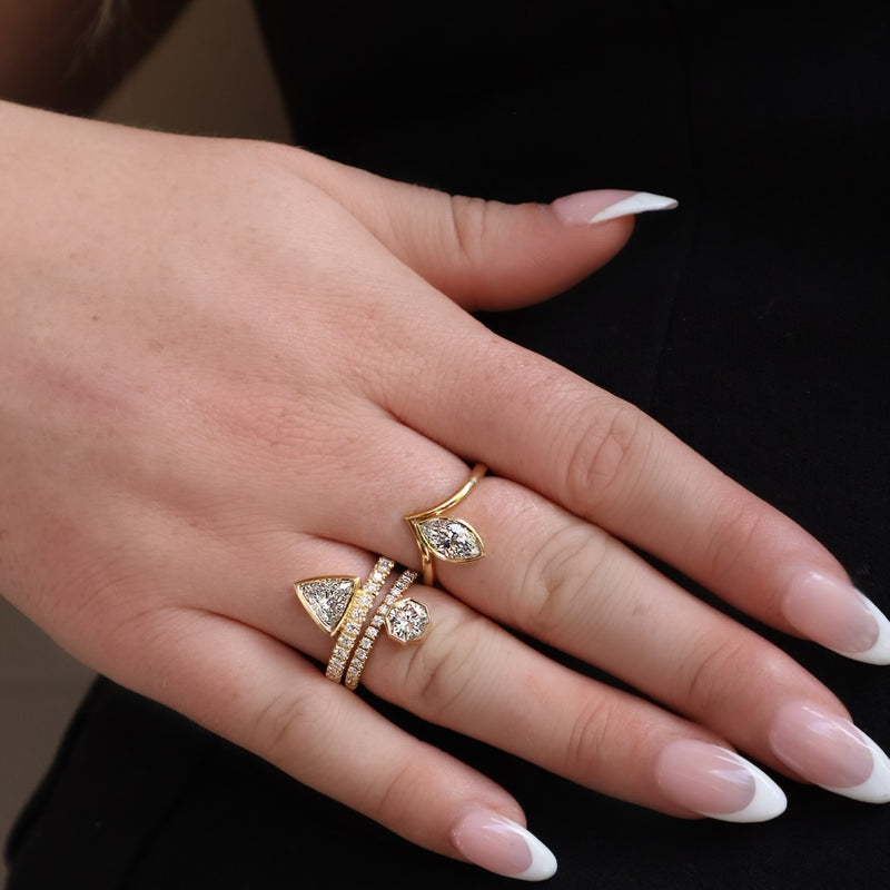 Trillion Bezel Set Diamond with Yellow Gold Diamond Band Rings H&H Jewels