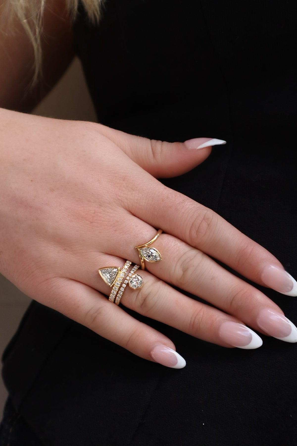 Trillion Bezel Set Diamond with Yellow Gold Diamond Band - Alternate View 1