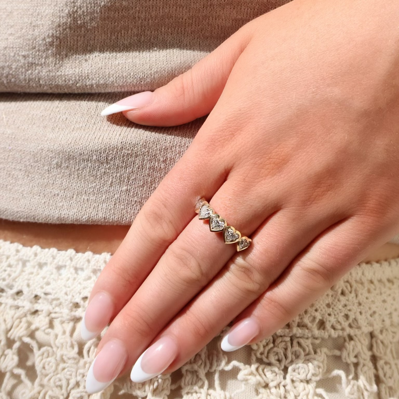 5 Heart Shaped Diamond Yellow Gold Band Ring Rings H&H Jewels