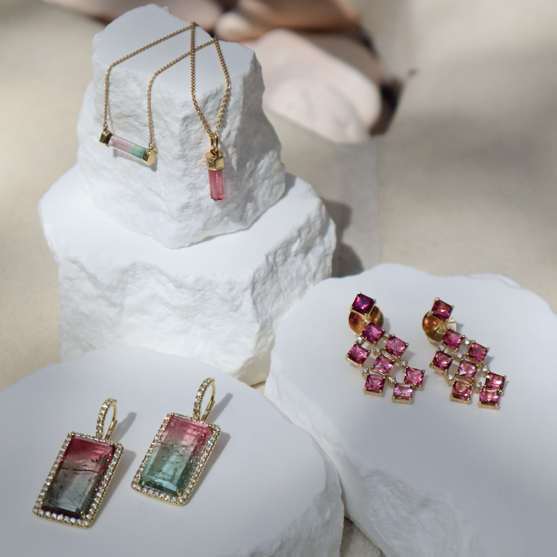 Pink Ombre Tourmaline Yellow Gold Diamond Drop Earrings Earrings H&H Jewels