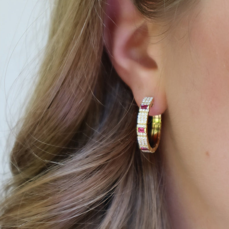 18k Yellow Gold Oblsco Diamond and Ruby Hoops Earrings Roberto Coin