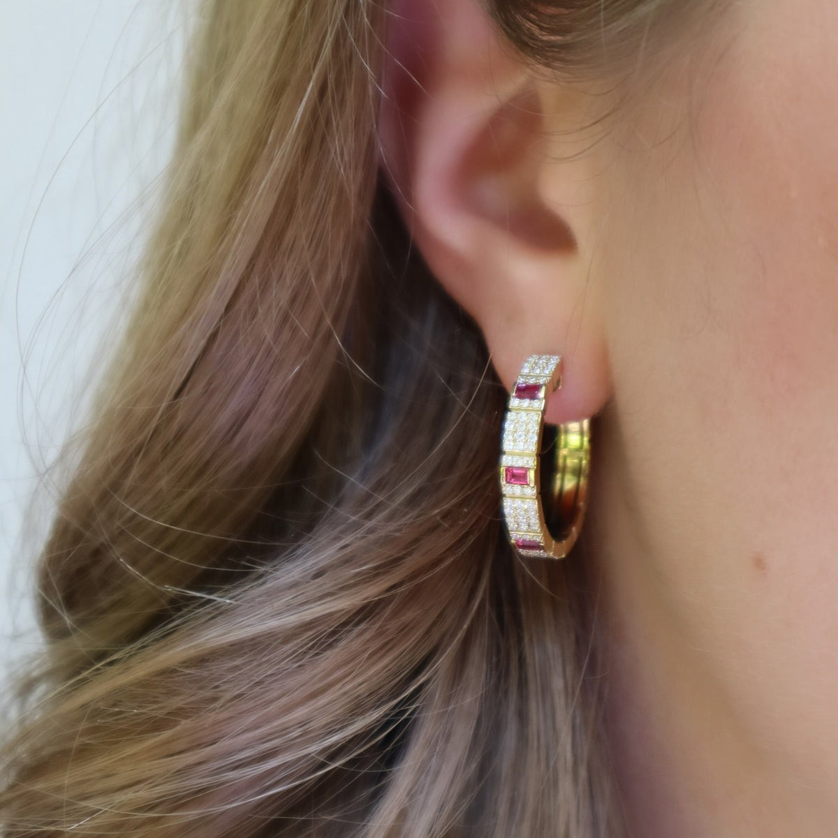 18k Yellow Gold Oblsco Diamond and Ruby Hoops - Alternate View 1