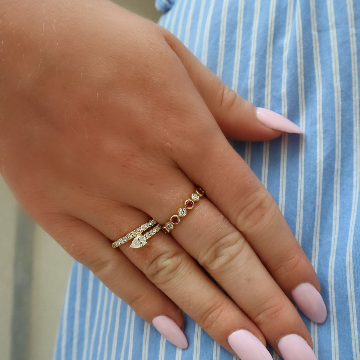 Pear Shaped 2 Band Yellow Gold Diamond Ring - Alternate View 1