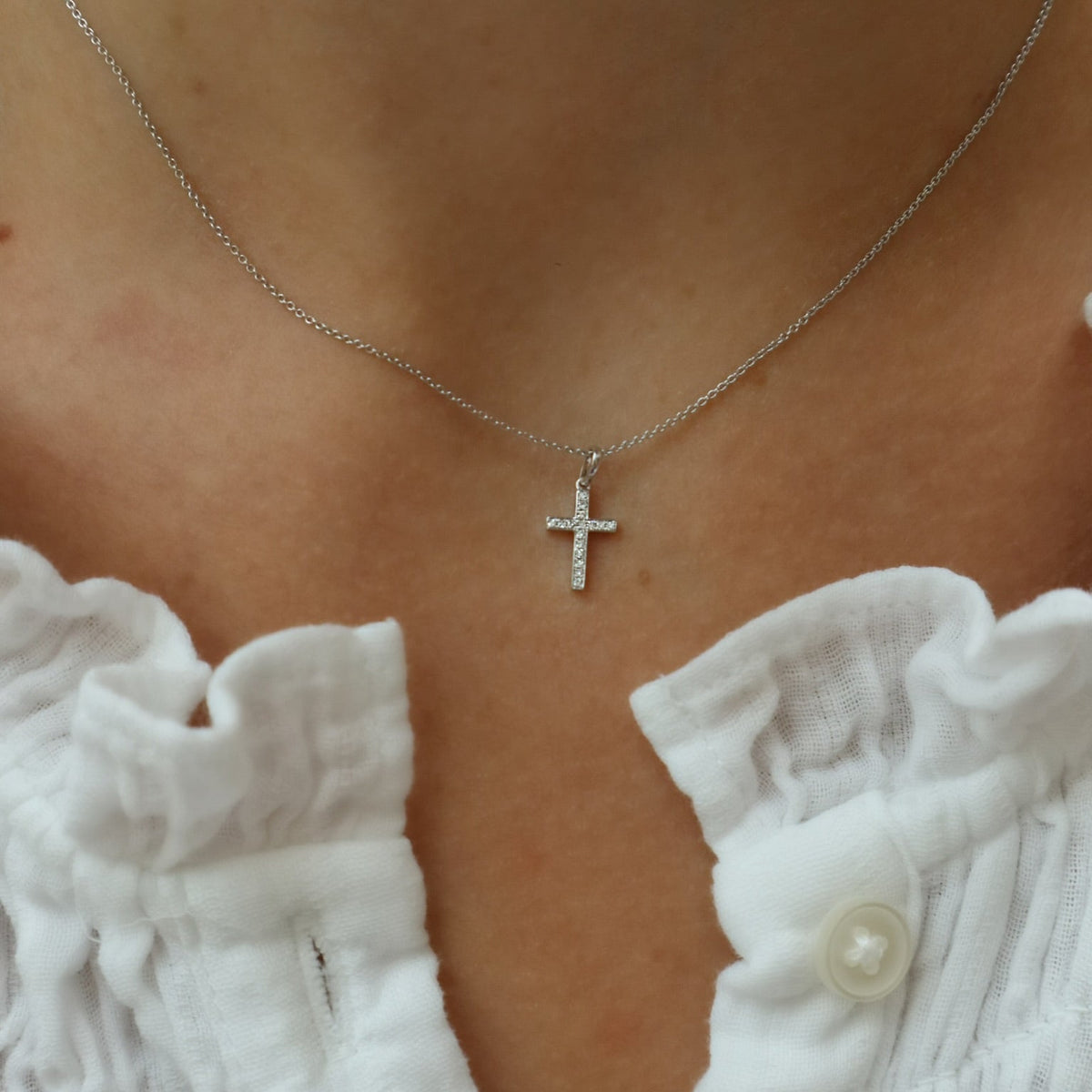 White Gold Diamond Cross Necklace - Alternate View 1