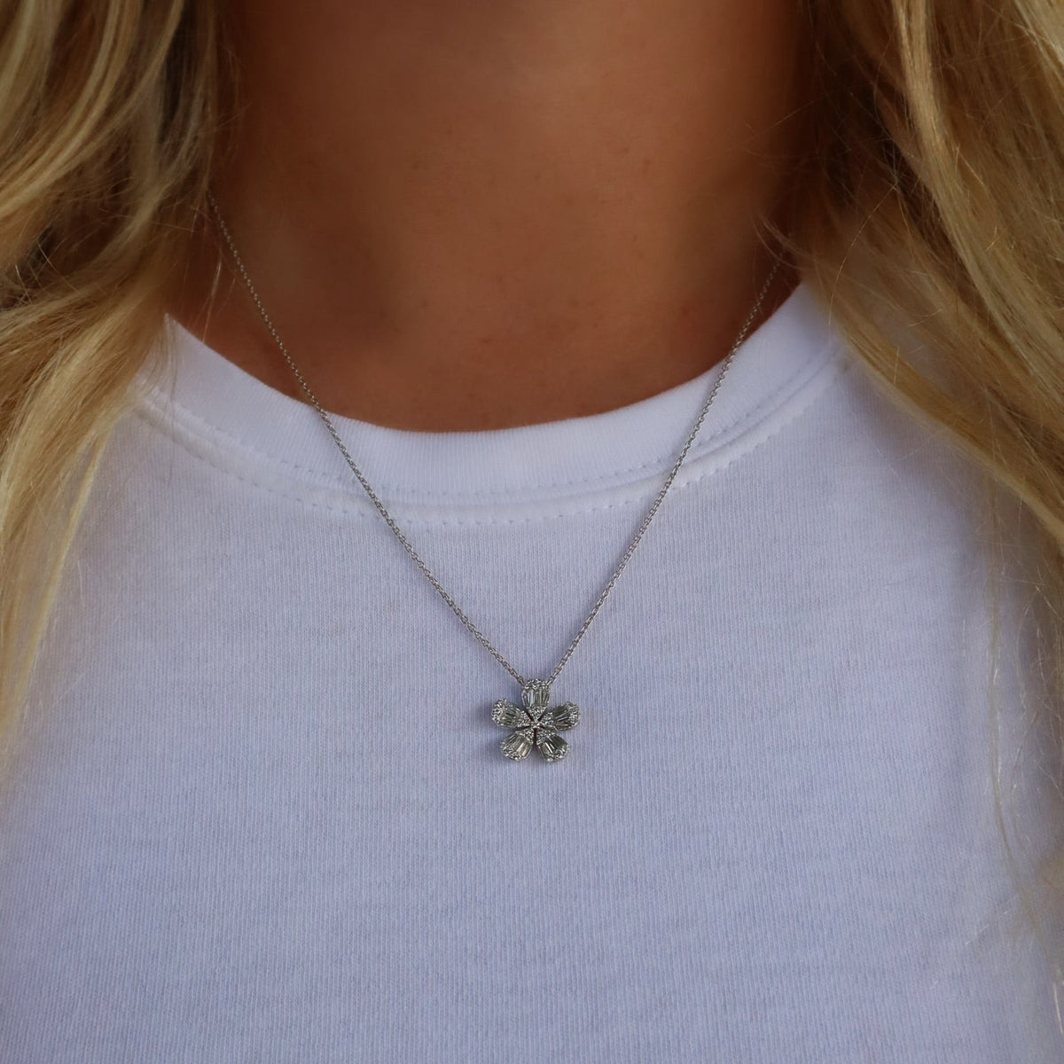 14kt. White Gold Diamond Baguette Flower Pendant Necklace - Alternate View 2