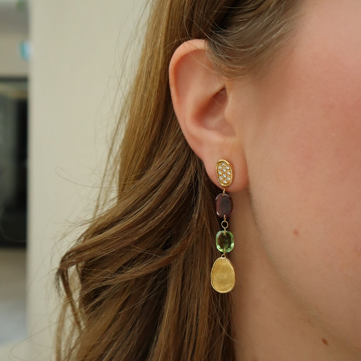 18kt Yellow Gold Diamond Multi Color Tourmalines Lunaria Collection Drop Earrings - Alternate View 2