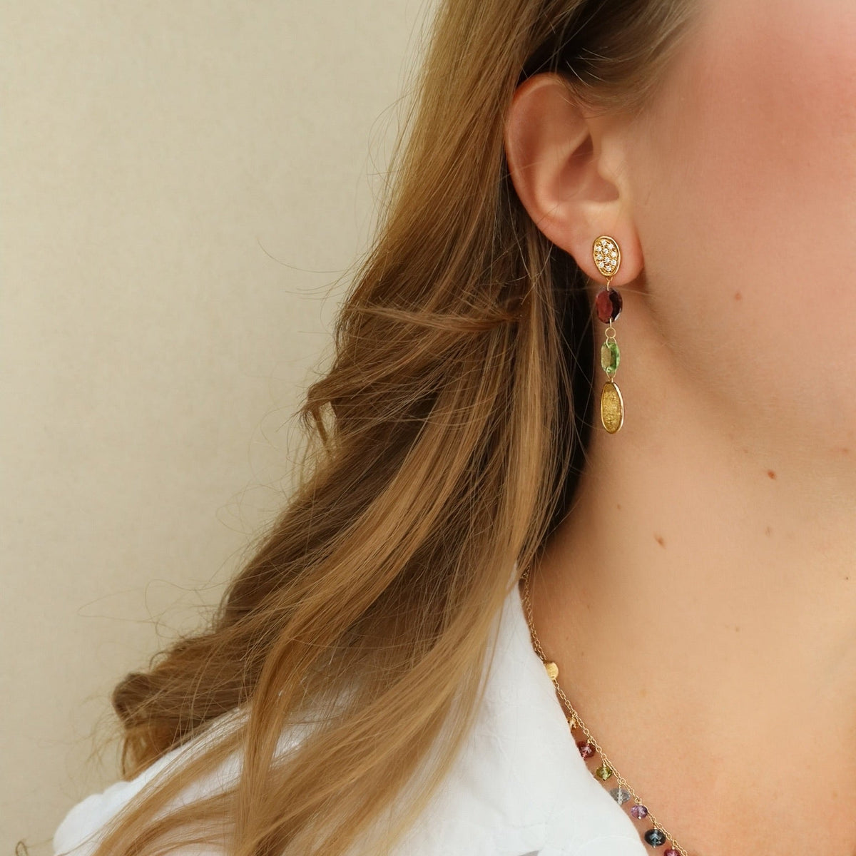 18kt Yellow Gold Diamond Multi Color Tourmalines Lunaria Collection Drop Earrings - Alternate View 1