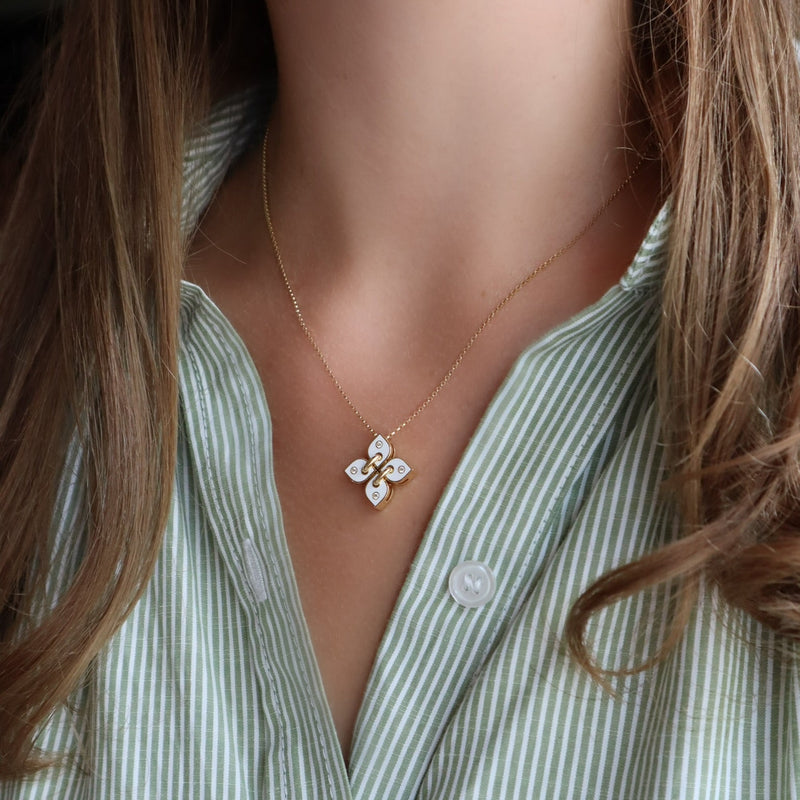 18kt Yellow Gold White Enamel Diamond Venetian Princess Pendant Necklace Necklaces Roberto Coin