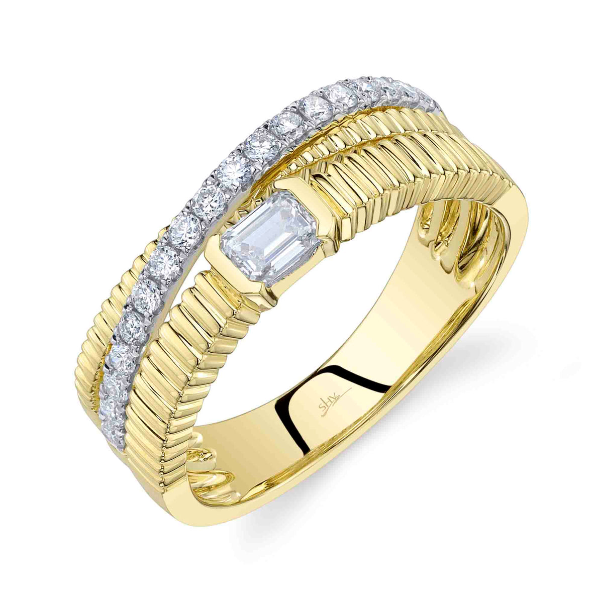 14kt Yellow Gold Emerald Cut and Pave diamond Ring Rings Shy Creation