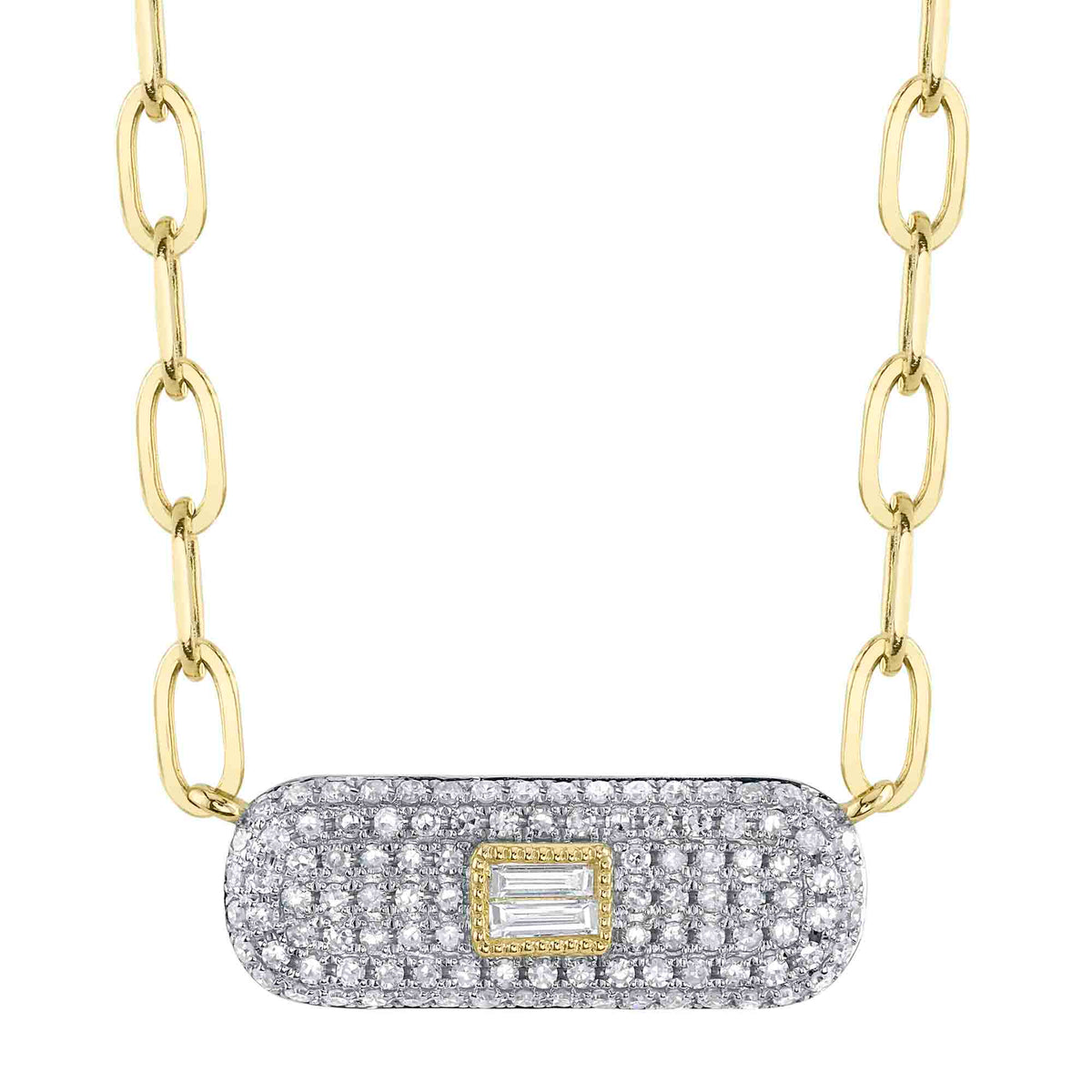 14kt. White gold & yellow gold Diamond pave and diamond Baguette Necklace on a paper clip link chain / 0.61ct TW Diamond Pave Necklaces Shy Creation