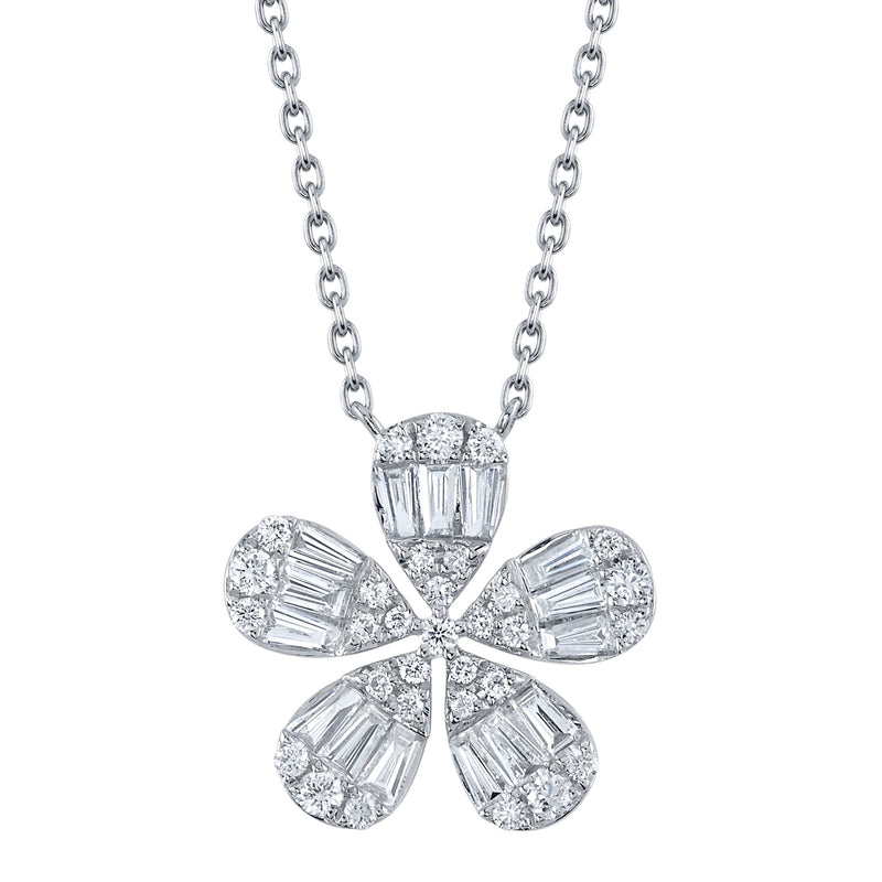 14kt. White Gold Diamond Baguette Flower Pendant Necklace Pendants Shy Creation