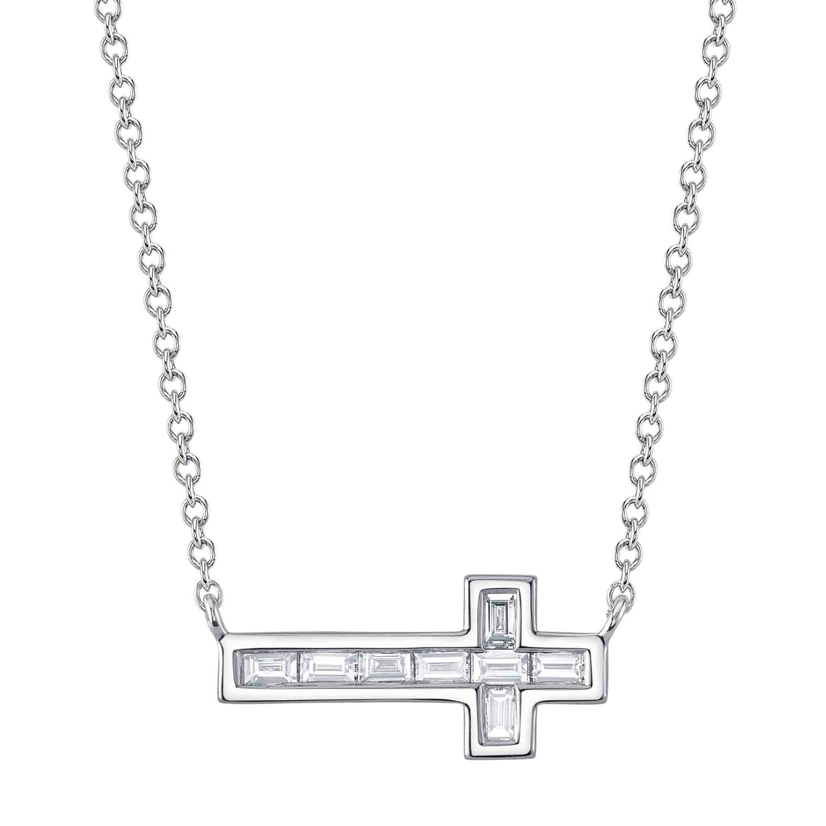 14kt. White Gold Sideways Cross Diamond Baguette Pendant Pendants Shy Creation