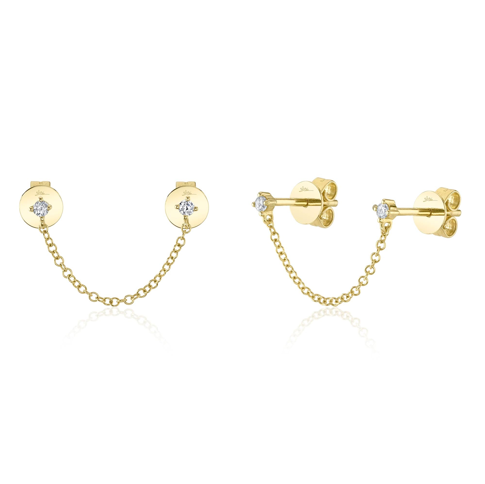 Yellow Gold Double Diamond Chain Stud Earrings Earrings Shy Creation