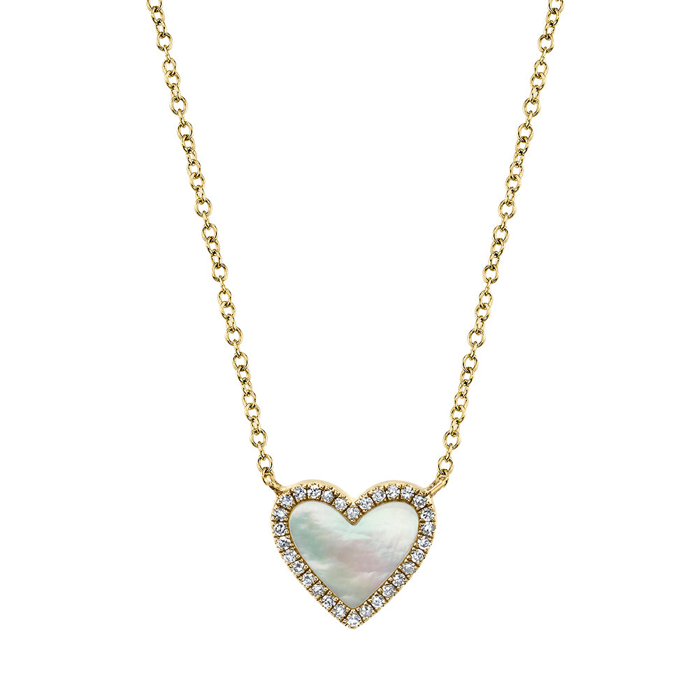 Yellow Gold Mother Of Pearl Diamond Pave Heart Necklace Necklaces Gift Giving