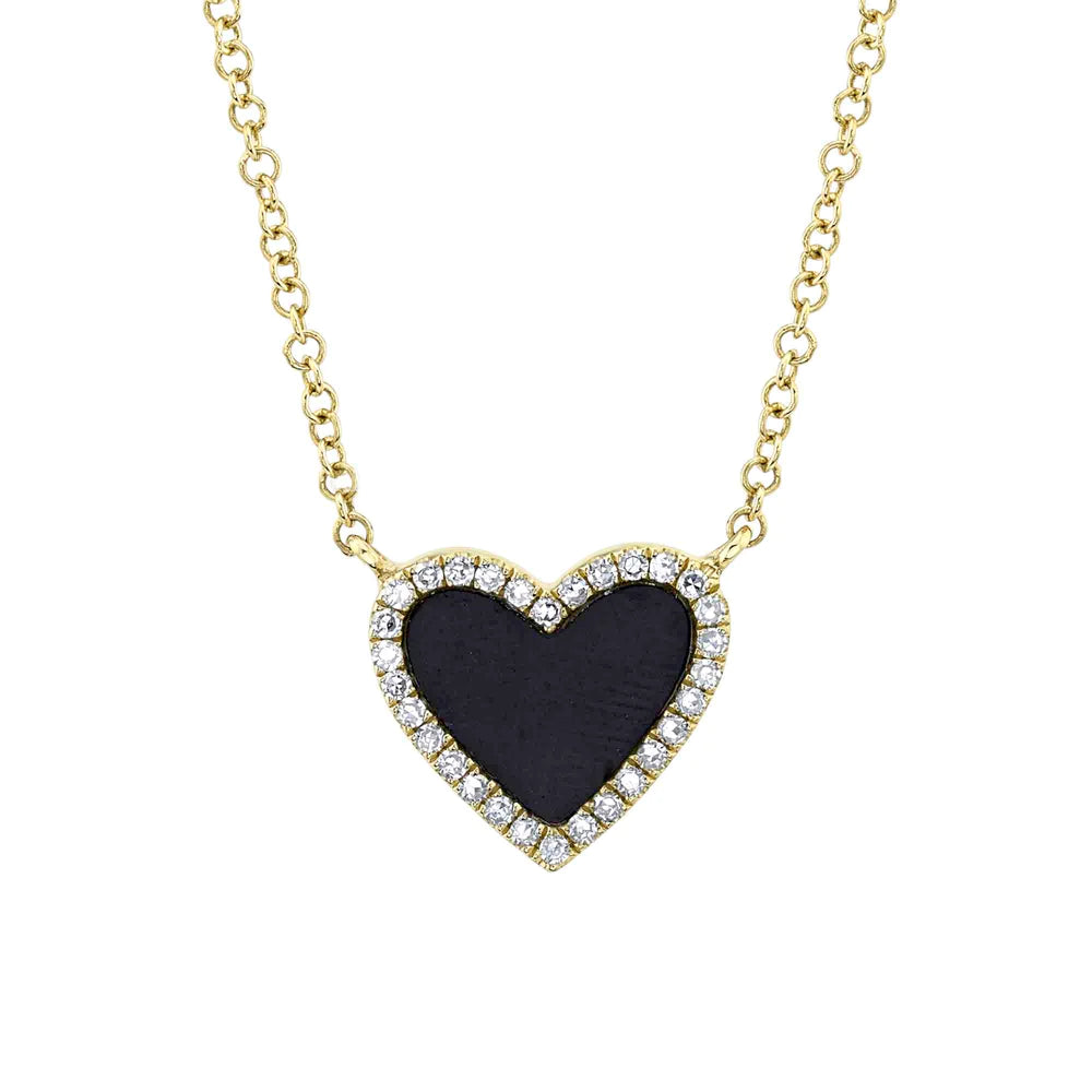 Yellow Gold Onyx Diamond Pave Heart Necklace Necklaces Shy Creation