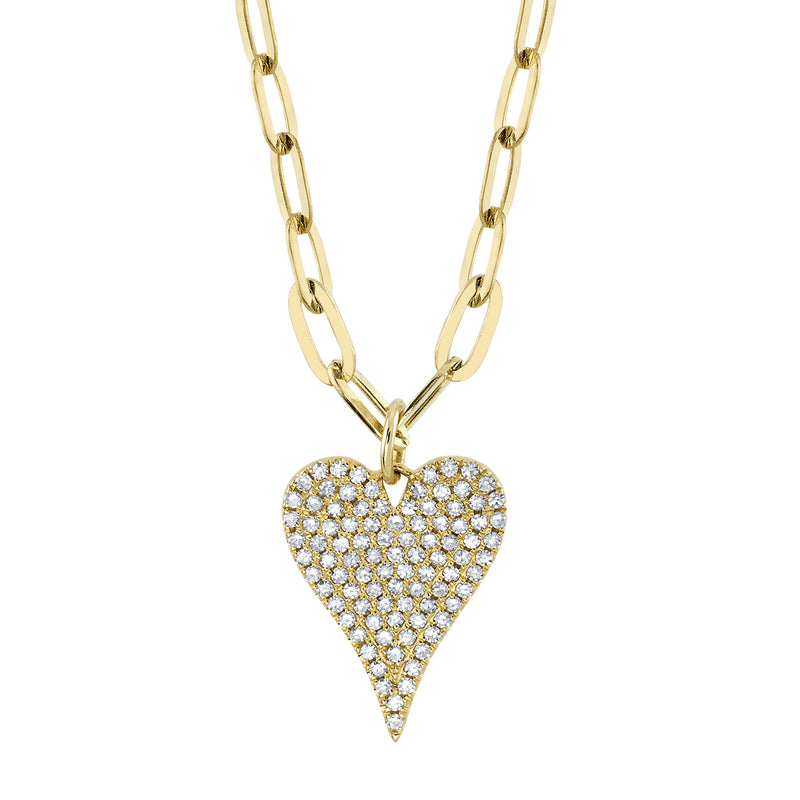 Yellow Gold Paper Clip Diamond Pave Heart Pendant Necklace Necklaces Shy Creation