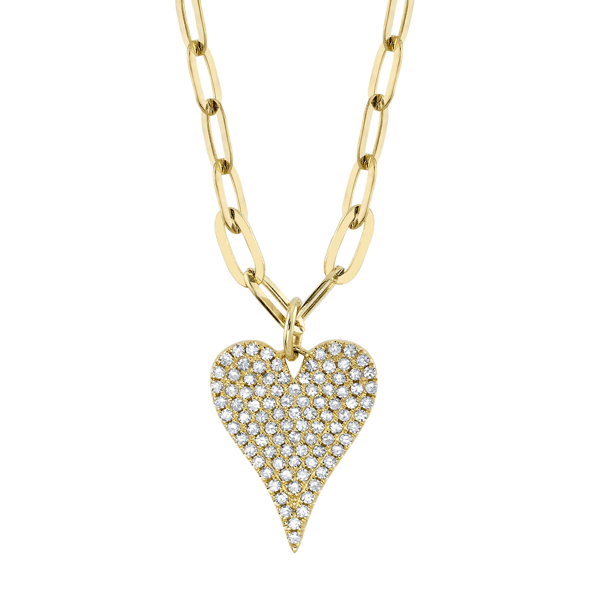 Yellow Gold Paper Clip Diamond Pave Heart Pendant Necklace Necklaces Gift Giving