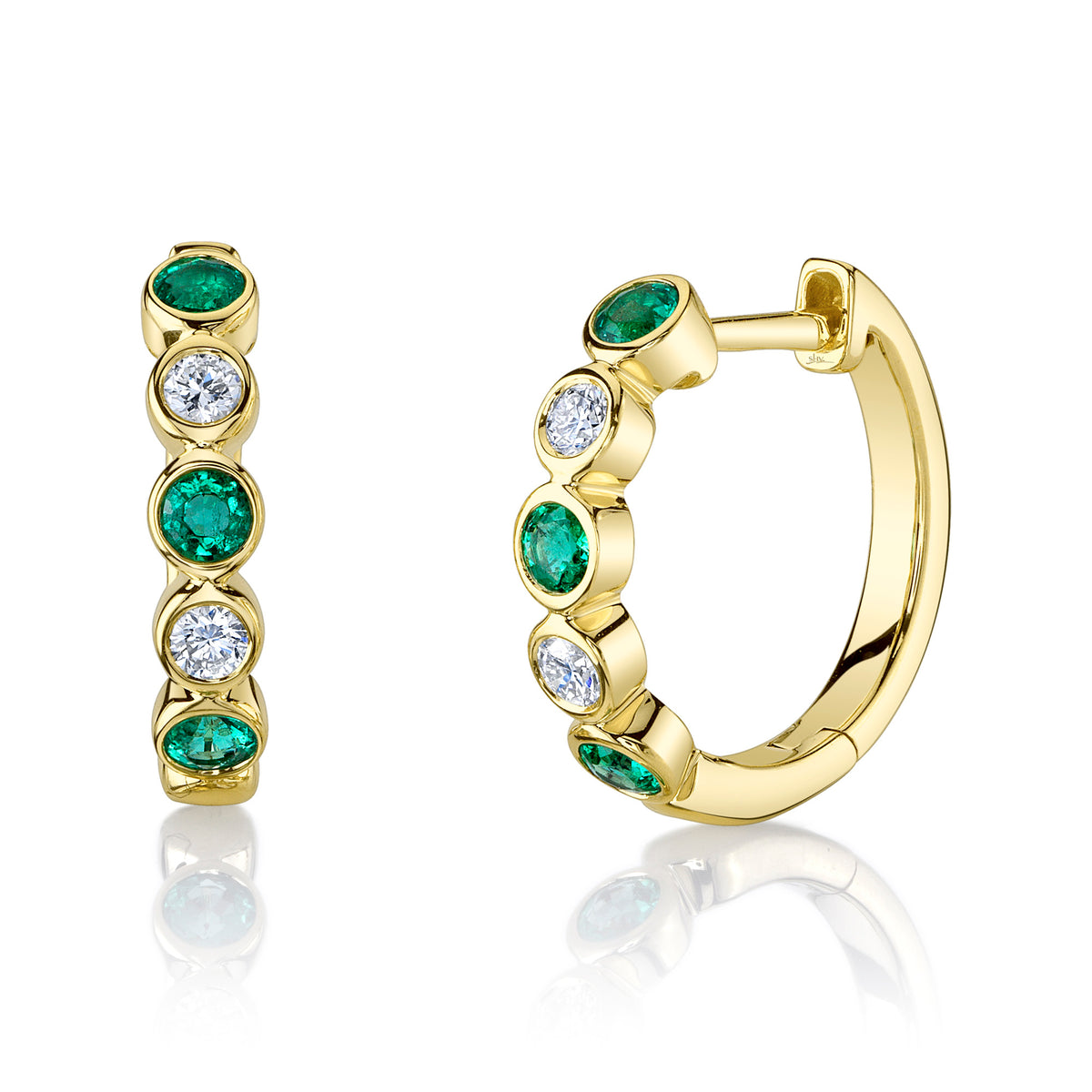14kt Yellow Gold Diamond and Emerald Bezel Huggie Earrings Earrings Shy Creation