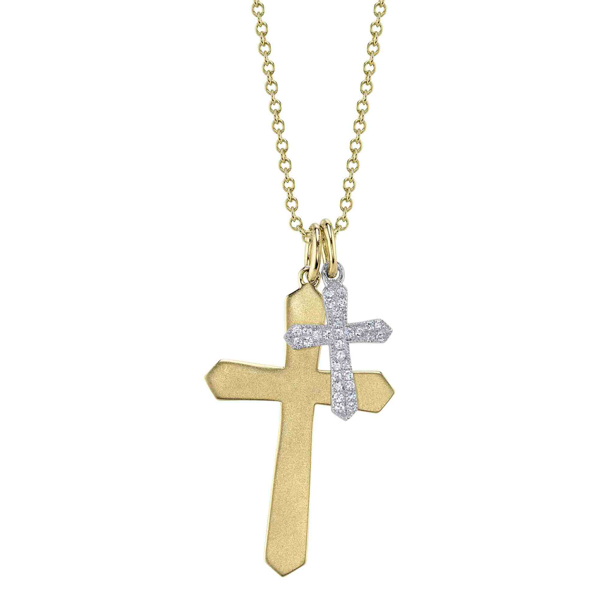 14kt Yellow and White Gold Diamond Pave Double Cross Necklace Necklaces Shy Creation