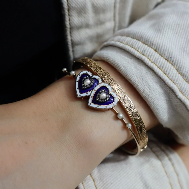 Victorian Gold Twin Hearts Diamond Estate Bracelet - Alternate View 1