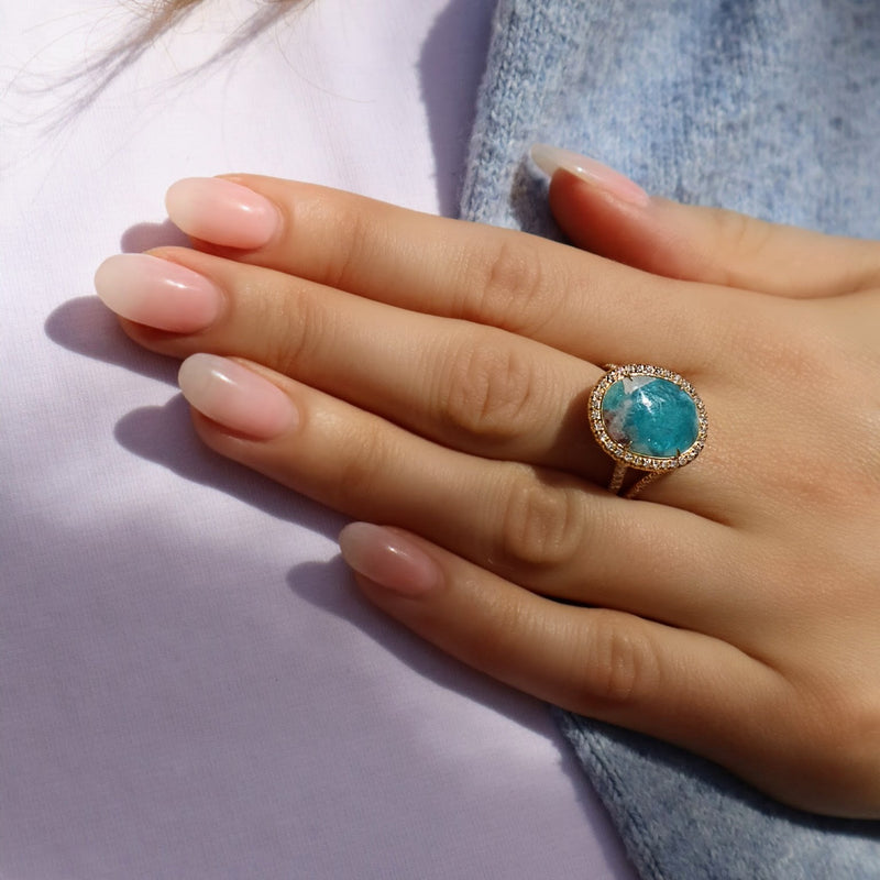 Oval Paraiba Tourmaline Cabochon Diamond Yellow Gold Ring Rings H&H Jewels