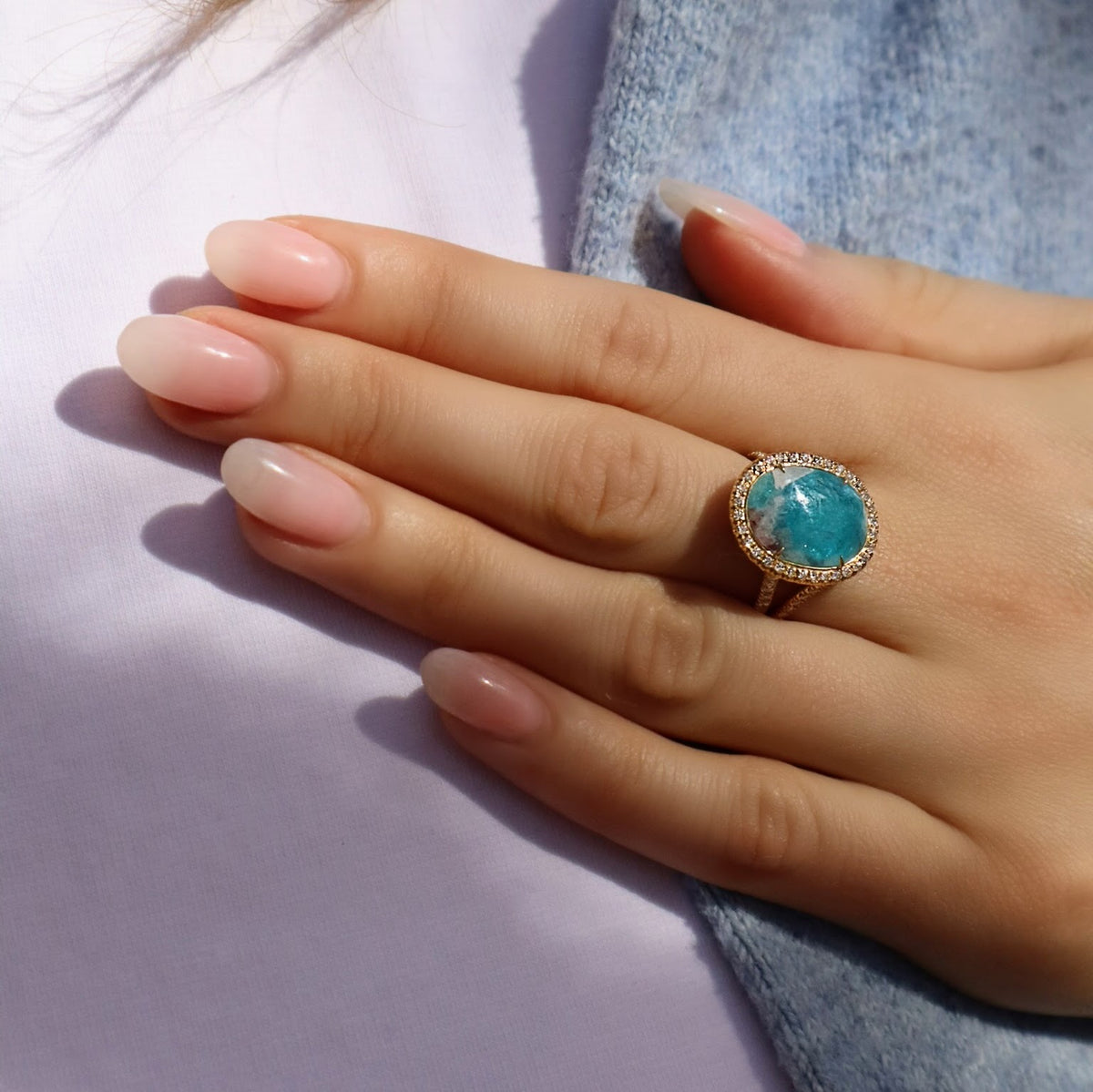 Oval Paraiba Tourmaline Cabochon Diamond Yellow Gold Ring - Alternate View 1