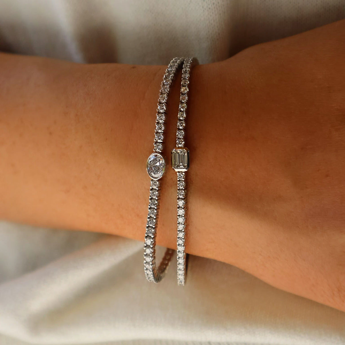 Center Emerald Cut Diamond White Gold Tennis Bracelet - Alternate View 1