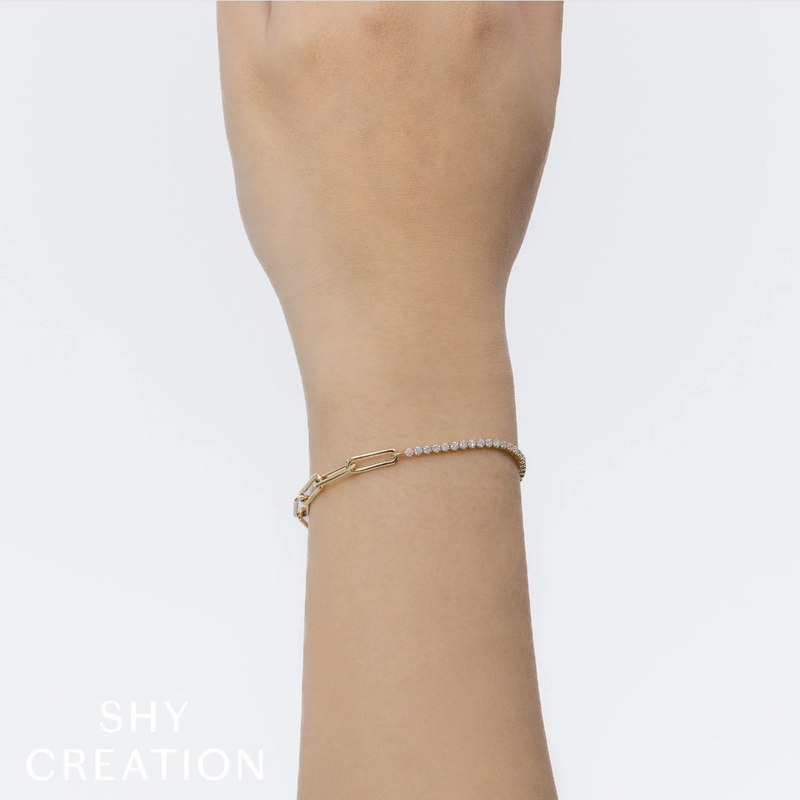 14K Yellow Gold Paperclip Link and Diamond Pavé Bracelet Bracelets Shy Creation