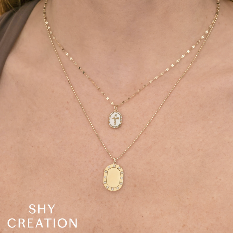14K Yellow Gold Diamond Cross Mother-of-Pearl Medallion Necklace Necklaces Shy Creation