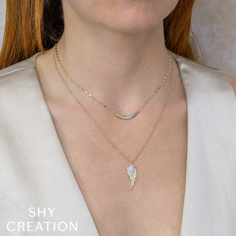 14K Yellow Gold Diamond Angel Wing Pendant Necklace Necklaces Shy Creation