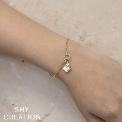 14K Yellow Gold Diamond Mother-of-Pearl Clover Charm Bracelet Necklaces Shy Creation