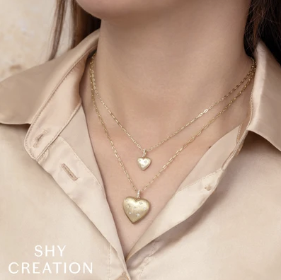 14K Yellow Gold Petite Stardust Heart Pendant Necklace Necklaces Shy Creation