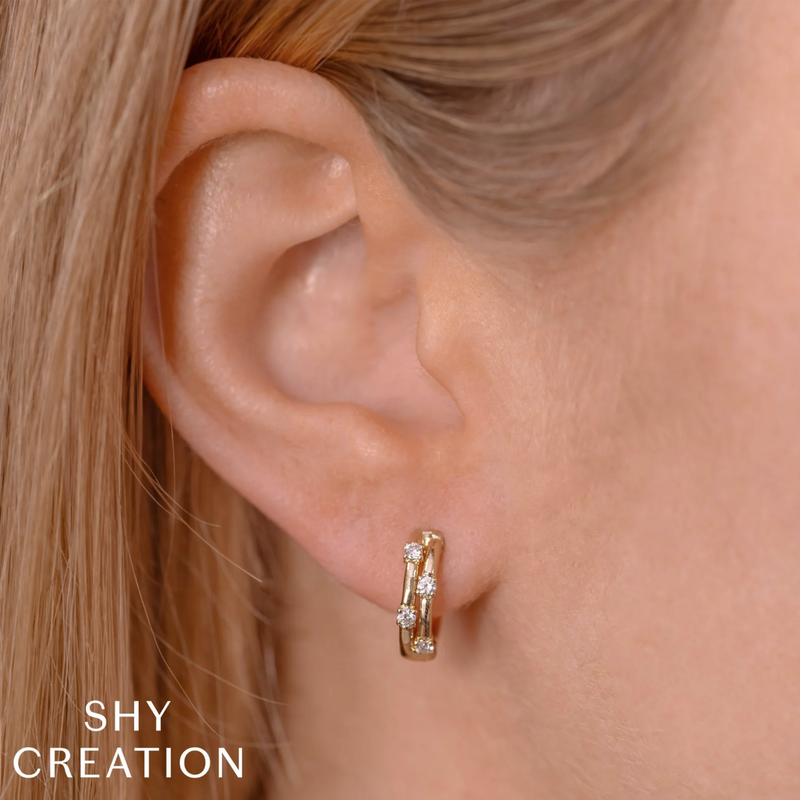 14K Yellow Gold Diamond Station Huggie Earrings Earrings Shy Creation