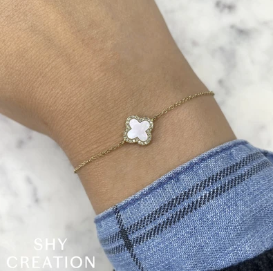 14K Yellow Gold Mother of Pearl Clover Bracelet - Alternate View 1