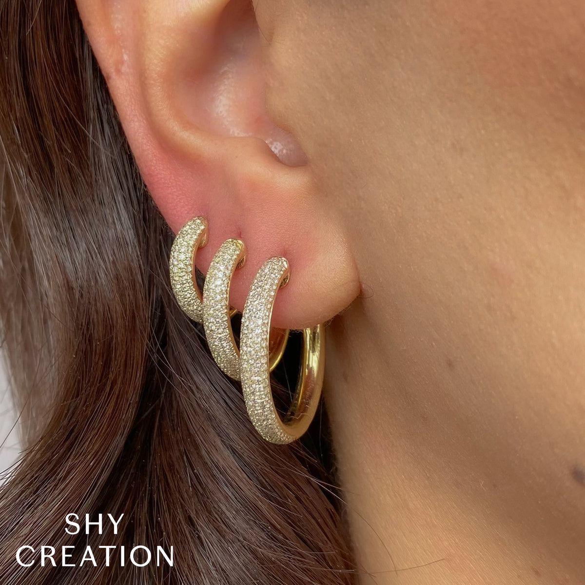 Yellow Gold Diamond Pave Hoop Earrings - Alternate View 2