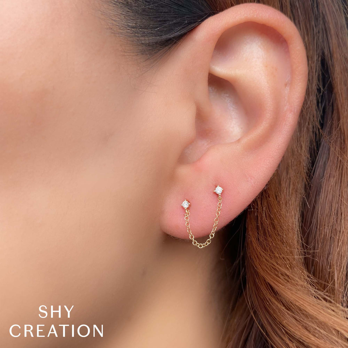 Yellow Gold Double Diamond Chain Stud Earrings - Alternate View 1
