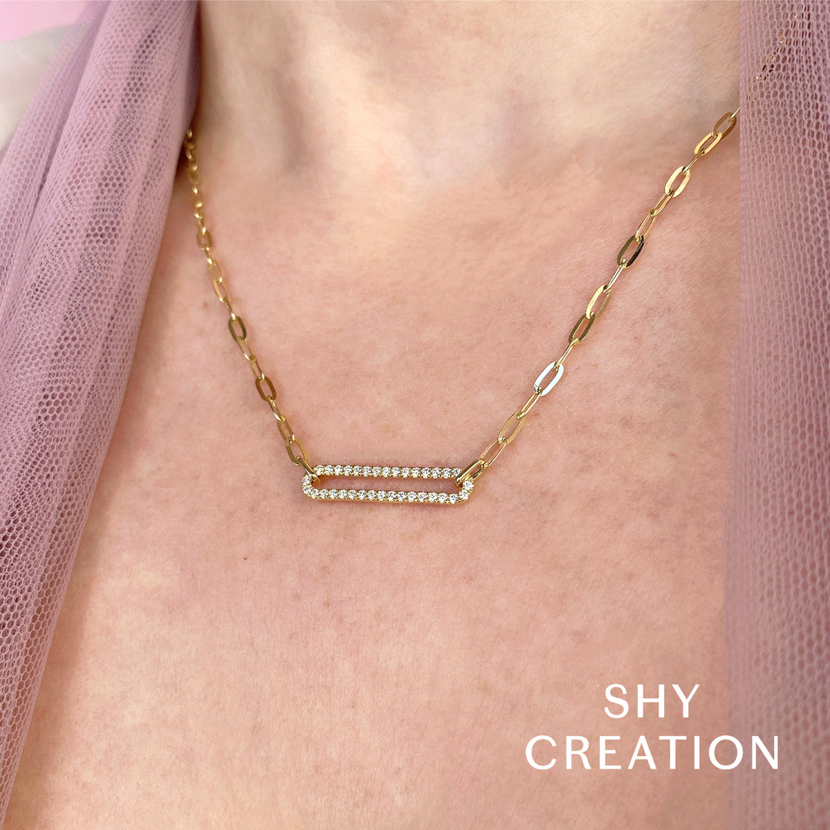 Yellow Gold Diamond Center Link Paperclip Necklace - Alternate View 1