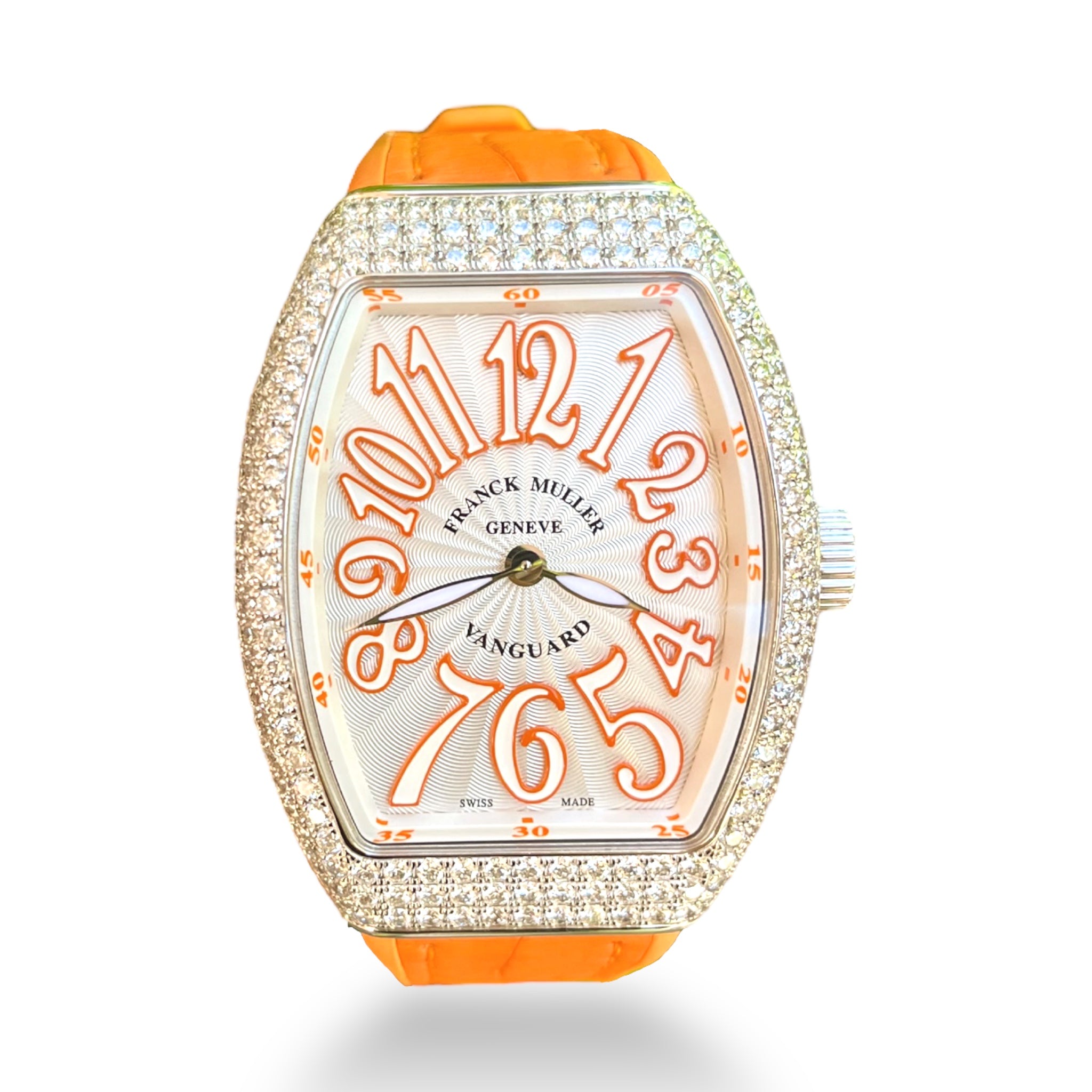 Franck Muller Lady Vanguard Diamond Case Watch - Matte Orange Strap Watches Franck Muller