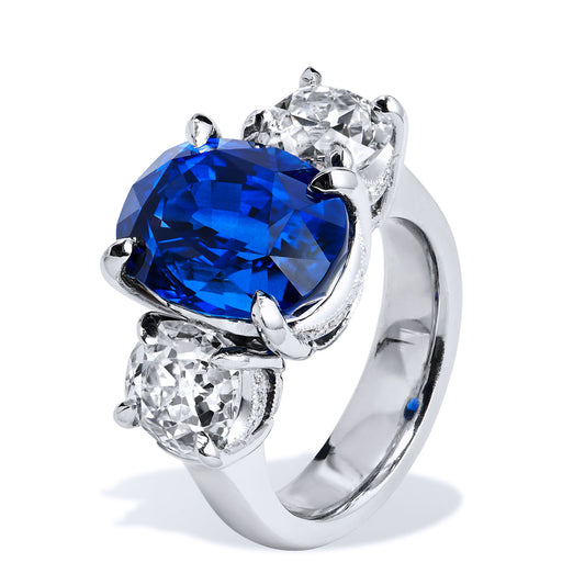 10.16ct Royal Deep Blue Sapphire and Antique Cushion Diamond Ring Rings H&H Jewels